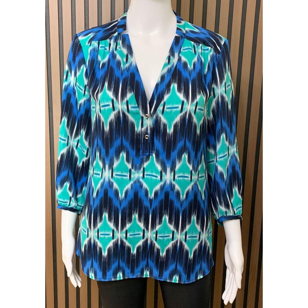 Banana Republic Blue Teal Ikat Diamond Print 3/4 Sleeve Blouse S Classic
